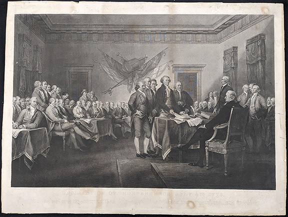 Five 19th-century prints of events of the American Revolution included two examples (one shown) of the Declaration of Independence, July 4th 1776, 24