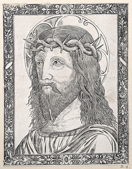 A lot of old master prints from the 16th through the 18th centuries included this print, The Head of Christ (possibly early 16th century), which bears the initials “T.R.” in the upper left border and “B.O.” in the lower right margin. The lot also included works after Rembrandt, a portrait of Henry, Duke of Montmorency, a self-portrait by Georg Friedrich Schmidt, Fall and Sobreitas by Hieronymus Cock, and Hercules and Omphale by Bartolomeus Dolendo, among others. Estimated at $300/500, the lot realized $3416.