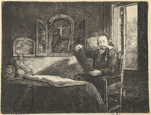 Rembrandt van Rijn made Apothecary (New Hollstein 301), a print depicting his close friend Abraham Francen (1612-after 1678), around 1657. Francen, who was also a collector, is pictured with books, paintings, a triptych of the crucifixion, a skull, a print or drawing in his hands, and a book of prints on the table in front of him. The print, 6¾