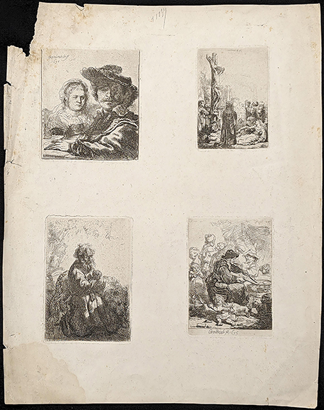 Four Rembrandt van Rijn etchings printed on a single sheet of medium-weight off-white wove paper, 14½