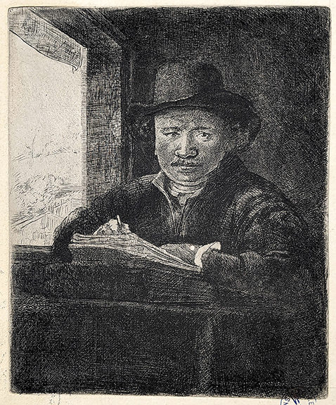 Two self-portraits by Rembrandt van Rijn (1606-1669) were sold. This one, Self-Portrait Etching at a Window (New Hollstein 240), was made in 1648 on thick yellowish laid paper. With no visible watermark but with Winfield Robbins’s collection stamp, the image sold for $1220 (est. $500/1000). Compared to the self-portrait in the flat cap (right), which was made several years earlier, this image is much more detailed and contained.