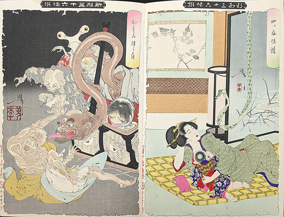 Considered the last great practitioner of ukiyo-e, Edo-born Tsukioka Yoshitoshi (1839-1892) created woodblock prints and series depicting ghost stories, folk tales, battles, the moon, and much more. A 14