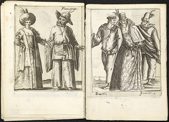 A series of 25 plates (two shown) engraved and published in 1642 by Francesco Bertelli of Padua (active first half of the 17th century) depicts masked and costumed figures for the Venice Carnival. The series includes 22 engraved plates, one engraved title page/frontispiece, and two fold-out plates depicting processions. One of the foldouts was attached to another group of 34 plates depicting carnival events and landmarks. The lot was estimated at $2000/3000 and brought $5124.