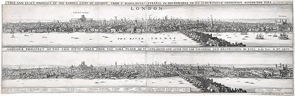 These views of London before and after the 1666 fire were made in 1666 by artist Wenceslaus Hollar (1607-1677). Born in Prague, Hollar worked in several towns in Germany. By 1636 he had arrived in London for the first time, and he spent much of his life in England. The etching, 220 mm x 683 mm (approximately 8 2/3