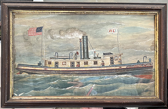 Doug and Bev Norwood of The Norwoods’ Spirit of America, Timonium, Maryland, offered for $3800 this small painting of a tugboat flying an American flag and a flag with the initials “HL.” It is lettered with “ST JOHNSON” on the bow and wheelhouse of the boat.