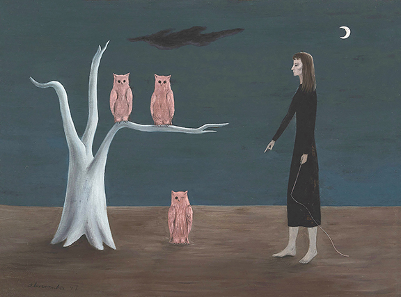 Gertrude Abercrombie (1909-1977), Owl Trainer No. 2, 1947, oil on masonite, 12