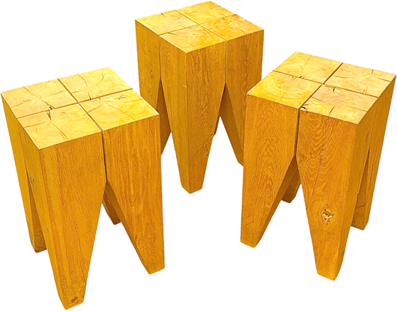 Philipp Mainzer, Backenzahn stool, set of three, model St-04, circa 1996, oak, with the manufacturer’s branding label “E15,” each 18½