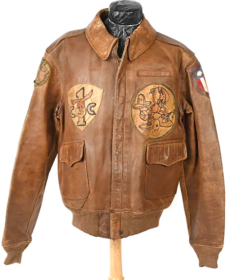 This A2 flight jacket with patches was worn during World War II by J. B. Bass when he was with the U.S. 1st Combat Cargo Group, 1st Squadron, a heroic outfit that flew dangerous supply missions in Asian combat zones. Decorated with several China-Burma-India theater leather insignias on its front and a large American flag and blood chit on its back, this jacket was made in 1936. The date is significant, as it suggests Bass may have been an early member of the Army Air Corps. The jacket sold for $5535 (est. $3000/5000) at Milestone Auctions, Willoughby, Ohio, January 18.