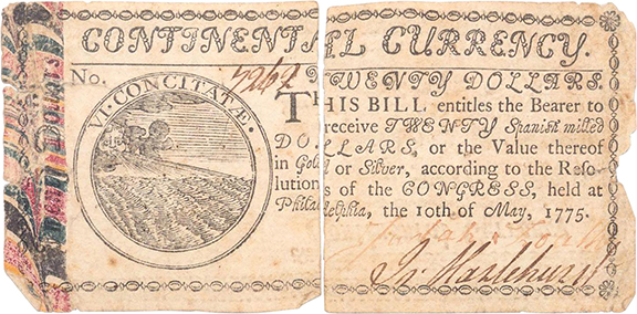 Continental currency $20 bank note, mentioning a resolution of Congress in Philadelphia, May 10, 1775, printed on marbled polychrome paper supplied by statesman Benjamin Franklin, the face and back emblems plus the mottos sketched by Benjamin Franklin, serial number 7262, $7865 (est. $1000/2000). Ahlers & Ogletree, Atlanta, Georgia, January 16.