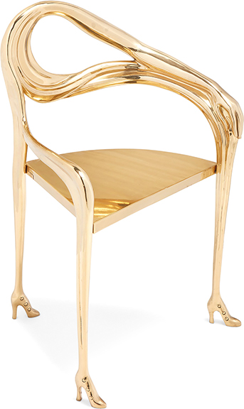 After Salvador Dalí (1904-1989), a Sillón Leda armchair by BD Barcelona, circa 1990s, titled and attributed on a metal plaque “Salvador Dalí / 1935 / b.d. ediciones de diseño / 145,” a polished brass chair after a chair depicted in Dalí’s 1935 painting Femme à tête de roses, 35½
