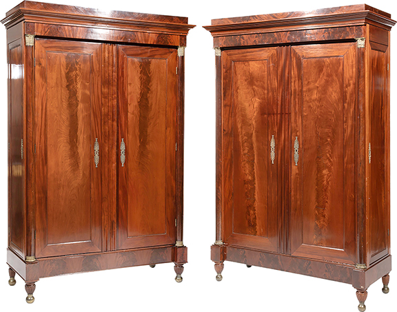Rare pair of Louisiana Federal bronze-mounted carved mahogany armoires, each 94