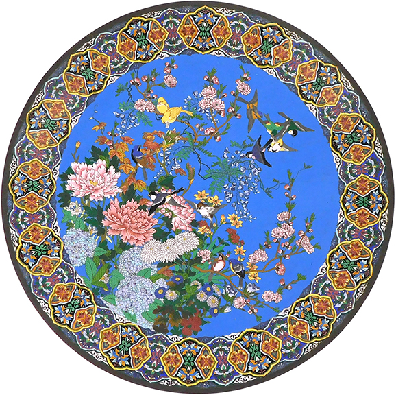 Cloisonné enamel charger, Japanese, probably Meiji period (1868-1912), the center decorated with floral and bird motifs on a light blue ground enclosed within a floral and geometric border, the reverse decorated with various shaped cartouches with bird and floral decoration, with wear consistent with age and use, including rubbed and chipped enamel, 30