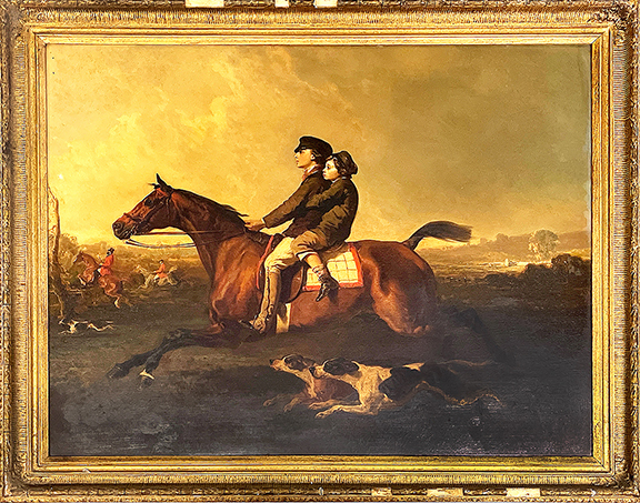 Alfred de Dreux (French, 1810-1860), oil on canvas depicting a hunt scene with two children on a horse and dogs running alongside, signed lower right and appearing to be dated 1859, canvas mounted to a board, 29½