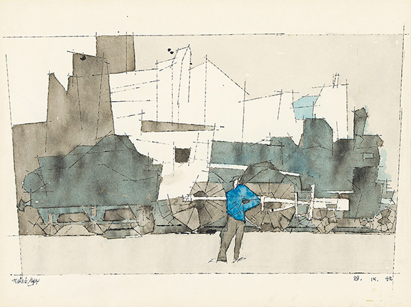 Lyonel Feininger (German/American, 1871-1956), Locomotive, watercolor and ink on laid paper, 1942, 9 3/8