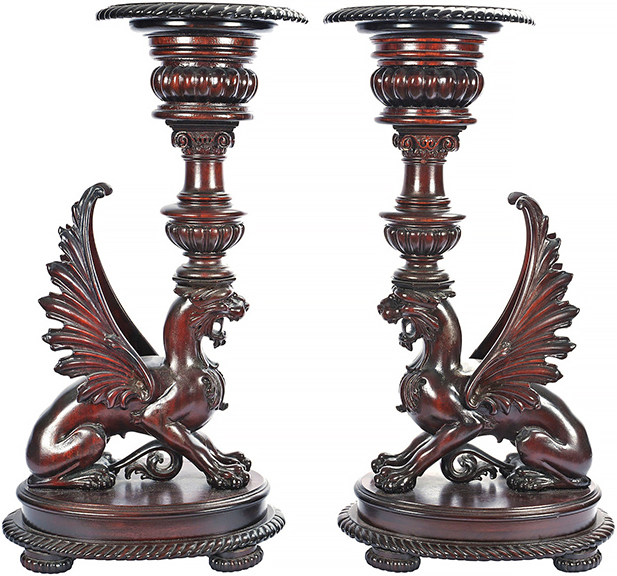 Pair of mahogany carved griffin fern stands, 30½