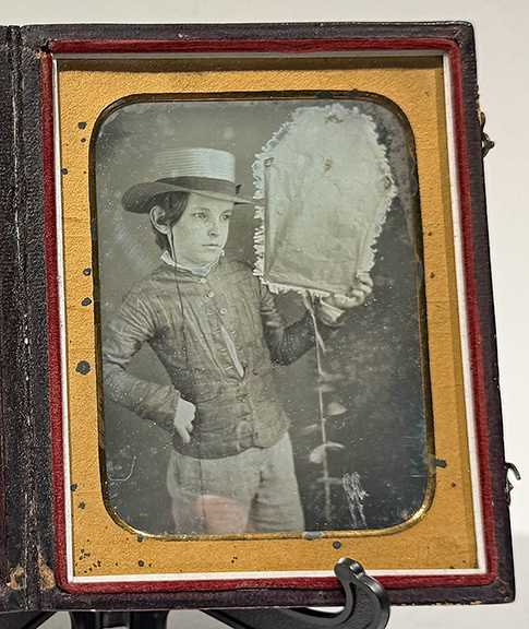 Quarter-plate daguerreotype, “Kite Boy,” sold for $6150 (est. $4000/6000). Robert Given Swift is the subject of three photographs spanning three processes: a quarter-plate daguerreotype, known informally as the “Kite Boy,” a tintype, and a carte de visite. No photographer’s imprint accompanies the daguerreotype or tintype, but the carte de visite carries a studio backmark. The carte de visite, backmarked “Philada Photographic Co / 730 Chestnut St. / Philadelphia,” has a penciled identification on its reverse that names the sitter as Robert Given Swift, son of photographer Henry B. Swift of 312 Market Street, Philadelphia. The catalog notes, “Henry B. Swift operated as a daguerreotypist at 312 Market Street, Philadelphia, from 1850 to 1855, first in partnership as Wainwright and Swift, then alone from 1851 to 1853, and later as Swift and Mahan from 1854 to 1855. He exhibited images at the Franklin Institute in 1852, and identified examples of his work are known with his name embossed on a daguerreotype case front and with the Swift and Mahan partnership gilded on a case back.” Michael Lehr Antiques, Rockaway, New Jersey, September 19.