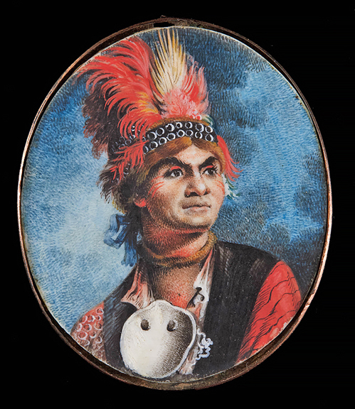Watercolor on ivory portrait of Kanien’kehá:ka (Mohawk) leader Joseph Brant (Thayendanegea), housed in a gold-plated locket, 1786, by an unidentified artist but cataloged as possibly by British artist James Peachey (d. 1779). The 2