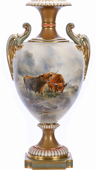 Two-handled pedestal urn, marked “Royal Worcester,” 21