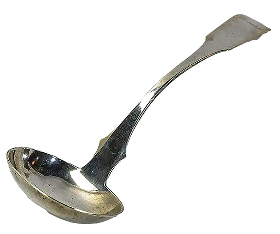 The coin silver ladle by Hagerstown, Maryland, silversmith Arthur Johnston (late 1790s-1846) is 14