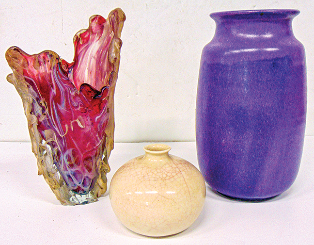 Art glass vase by Jon Kuhn, art pottery by Paul Bellardo