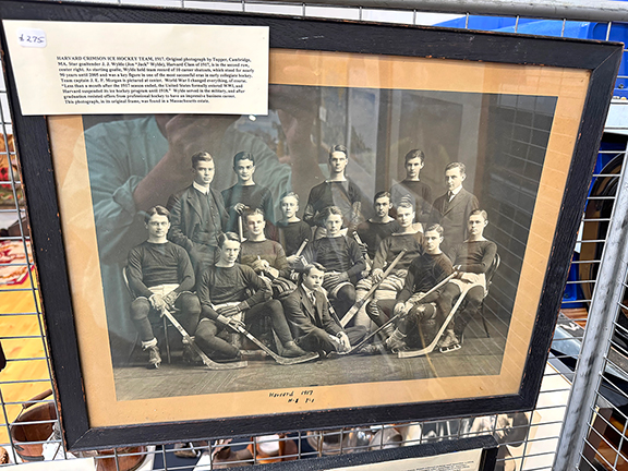 This large 1917 photograph of the Harvard Crimson hockey team was $275 from David Thompson Antiques and Art, South Dennis, Massachusetts. The photographer was Tupper of Cambridge, Massachusetts. The team included Captain J.E.P. Morgan and goalie J.J. Wylde, who held the Harvard record of ten career shutouts until that record was broken in 2005. Less than a month after the season ended, the United States entered World War I, and Harvard&rsquo;s team didn&rsquo;t play again until the Armistice was signed in 1918. The image is approximately 13