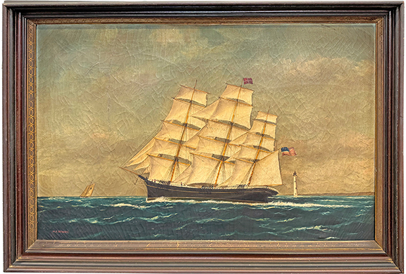 This painting of a ship flying the American flag is approximately 26