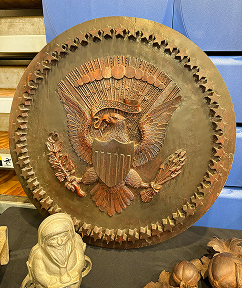 This wooden Great Seal of the United States, surrounded by stars, circa 1920, probably came from a government building, according to Tom Jewett of Jewett-Berdan Antiques, Newcastle, Maine. It was priced at $4500.