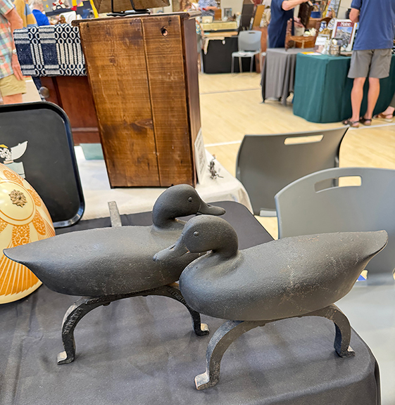 John Marsili of Full Moon Antiques, New Harbor, Maine, asked $295 for the duck andirons, 1925-50, marked by the maker, Richard F.H. Clancey, of Needham, Massachusetts.