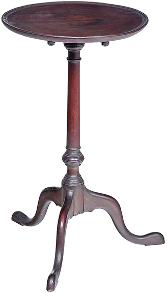 Philadelphia Queen Anne mahogany dish-top candlestand, circa 1760, with a tilt top, turned standard, and tripod base with pad feet, 28½