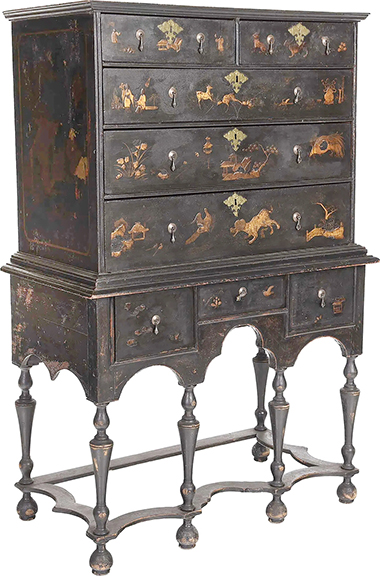 Some of the original japanning and ebonizing remains on this maple William and Mary high chest of drawers from Boston, 1710-20. The brass escutcheons are original on the 63