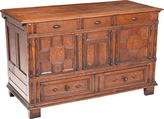 The circa 1690 Trask family oak and walnut chest with a drawer, attributed to the Symonds shop, Salem, Massachusetts, is in “very good overall condition.” The 29½
