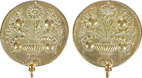 This pair of brass repoussé floral wall sconces was the second surprise of the day. The 13½