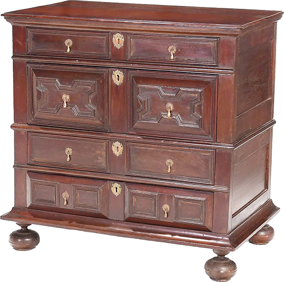 This two-part form of a Pilgrim-century chest of drawers is possibly from the Mason and Messinger shop tradition, Boston, Massachusetts, 1670-90. In walnut and pine, the 37½