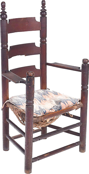 This slat-back great chair possibly from the shop of Thomas Chase, Newbury or Charlestown, Massachusetts, circa 1685, measures 47½