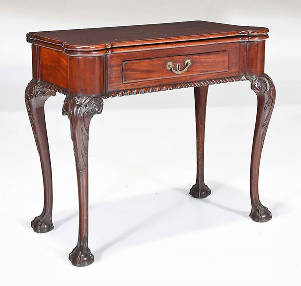 Presale bidding brought the opening bid for this refinished circa 1760 Philadelphia Chippendale mahogany turret corner card table to $32,000. The 25¼