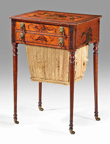 The lot bringing top dollar in the Manger sale was this Federal painted mahogany and maple worktable attributed to the shop of John and Thomas Seymour with extensive paint decoration attributed to John Ritto Penniman (1782-1841) of Boston, Massachusetts. The 29¾