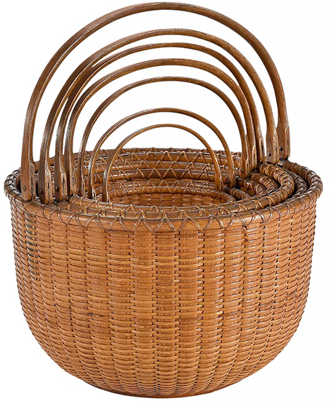 Andrew Brunk referred to this set of seven nested Nantucket lightship baskets as “the best of the best.” The largest of the seven baskets, signed and dated by Captain James Wyer (1816-1899), is 8½