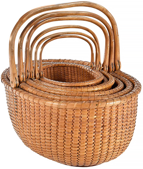 Mariner, fisherman, seaman, lightship crewman, and basket maker Davis Hall (1828-1906) made this nested group of six ovoid Nantucket baskets circa 1900. Similar examples are found in the American Folk Art Museum and the Nantucket Historical Association. Alan Granby purchased the set for $40,000 (est. $7000/10,000). The largest Hall basket measures 6¼