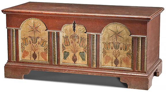 Bidding opened at $3500, one half of the low estimate, for this Pennsylvania Chippendale architectural dower chest, paint decorated and dated “1782.” With painted tulips and urns on the front panel and its original strap hinges, the chest sold to the phones for $27,500 (est. $7000/10,000). The Mangers purchased it from Greg K. Kramer & Co. for $90,000.