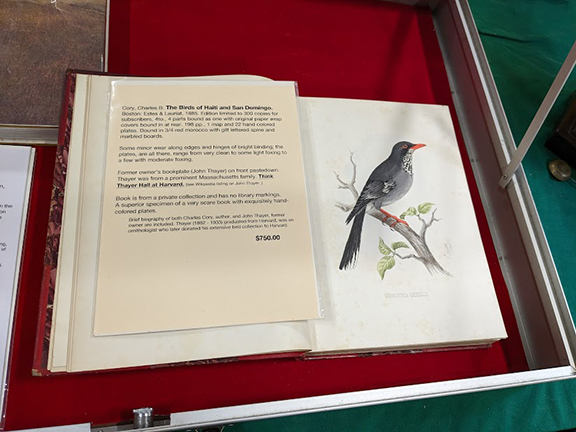 Offered for $750 by The Reynolds Antiques & Books, Brunswick, Maine, was The Birds of Haiti and San Domingo by Charles B. Cory, 1885, one of 300 copies. It has 198 pages, one map, and 22 hand-colored plates (all present). It is bound in three-quarter red morocco goatskin with a gilt-lettered spine and marbled boards. The bookplate in front marks it as once belonging to John Eliot Thayer (1862-1933), an ornithologist who belonged to a prominent Massachusetts family.