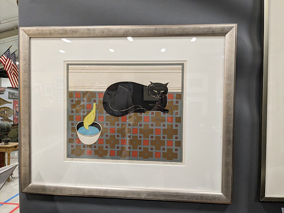 From Edward T. Pollack Fine Arts, Brunswick, Maine, Cat and Canary by Will Barnet (1911-2012), a color lithograph, 1971, from an edition of 225, printed by Galerie Mourlot, New York City, and published by Associated American Artists, 14½