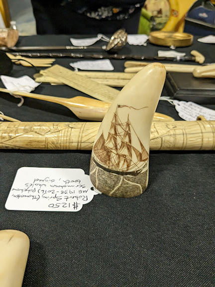 Polychrome scrimshawed whale’s tooth by Robert Spring (1938-2016) of Thomaston, Maine. Signed by the artist, it was $1250 from East Boothbay Trading Co., which exhibits at the Wiscasset (Maine) Antiques Mall and the Freeport (Maine) Antiques and Heirlooms Showcase. 