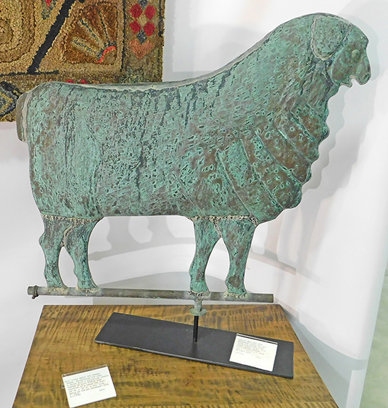 Here’s a full-bodied copper merino sheep weathervane with well-textured fleece and an untouched variegated verdigris, all for $7900 from American Spirit Antiques, Shawnee Mission, Kansas.