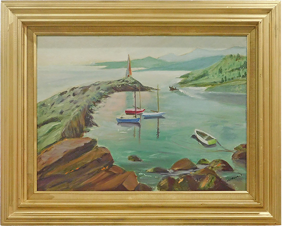 Elizabeth Murphy of Windy Hill Antiques, Topsfield, Massachusetts, offered this framed oil on board shoreline seascape for $355. Neither one of us could find out anything about the artist “H. O’Rourke,” who signed it lower left. Murphy was confident that it represented the Acadia region of Maine.
