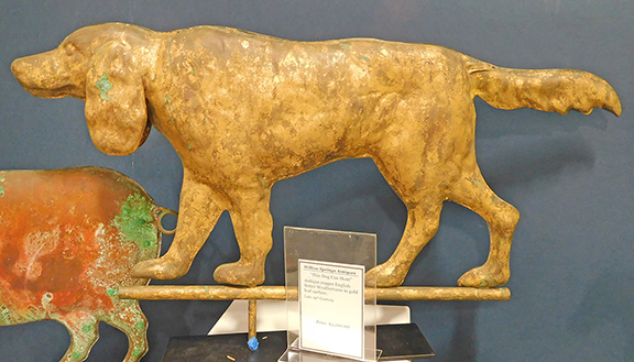 The tag on this 19th-century copper weathervane with a robust gold leaf surface proclaims, “This Dog Can Hunt.” Nancy Douglass of Willow Springs Perennial Antiques, Rexford, New York, was hunting $3200 for it. As I was leaving the booth, my eyes fell upon this elaborately carved bed warmer, earlier and fancier than any I’d ever seen. “I don’t think it was used in a while,” Nancy smiled. She wasn’t sure if it is American or European, but $950 looked like a fair price.