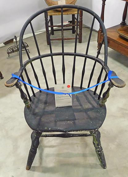 It’s too late to buy this continuous-arm Windsor chair from Mary Kay Felton of Pond Crossers Antiques, Camden,Maine. Her asking price was $3750, and it was already sold when I got there. But it’s not too late to admire it. On the seat are scratched-in inscriptions around the spindles andarm posts representing the 13 original Colonies, along with a map of Kentucky, a drawing of the USS Constitution, and other images. It had been previously owned by Cyrus Eaton (1784-1875), author of the History of Thomaston, Rockland, and South Thomaston, Maine, From Their First Exploration, A.D. 1605. It had once been in the collection of the General Henry Knox Museum, Thomaston, Maine.