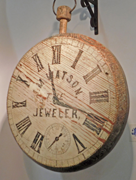 Joe Genereux of MG Art and Antiques, Merrimac, Massachusetts, offered this two-sided 19th-century jeweler’s trade sign in the form of a wooden pocket watch, for $1095.