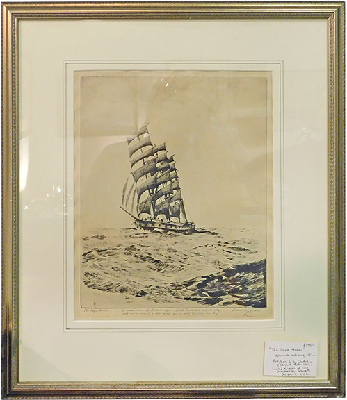 Deirdre O’Callaghan of Partridge Hill Antiques, Georgetown, Maine, had a limited-edition dry point etching titled The Cape Horner, 1932, signed in pencil by Canada-born artist Frederick L. Owen (1869-1959), up for sale for $195. “I sold a bunch of stuff, four paintings, and a print,” she related. And at that point, the two-day show wasn’t even two hours old.