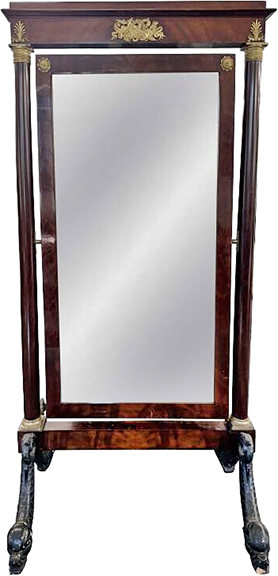 Possibly by Charles-Honoré Lannuier (1779-1819), this New York Federal period cheval mirror with dolphin feet and ormolu mounts sold for $1920 (est. $1500/2500). It measures 76