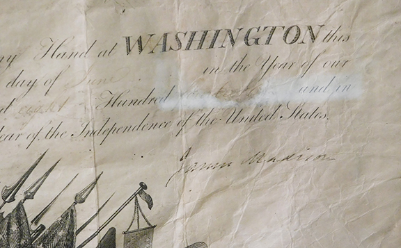Presidential commission promoting Francis Hoyt Gregory to the rank of lieutenant, signed by President James Madison in 1814 and Secretary of the Navy William Jones, sold for $1020 (est. $800/1200).